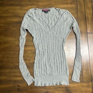 Say What? Women Gray Ribbed V-Neck Long Sleeve 100% Cotton Sweater Size M